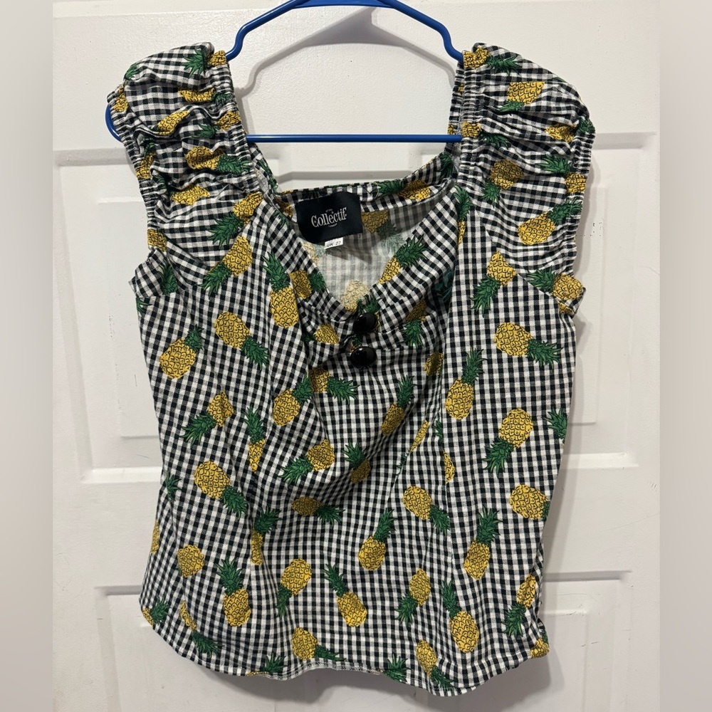 Collectif London Pineapple Gingham Print Blouse UK 22 / US 18 - Picture 3 of 7